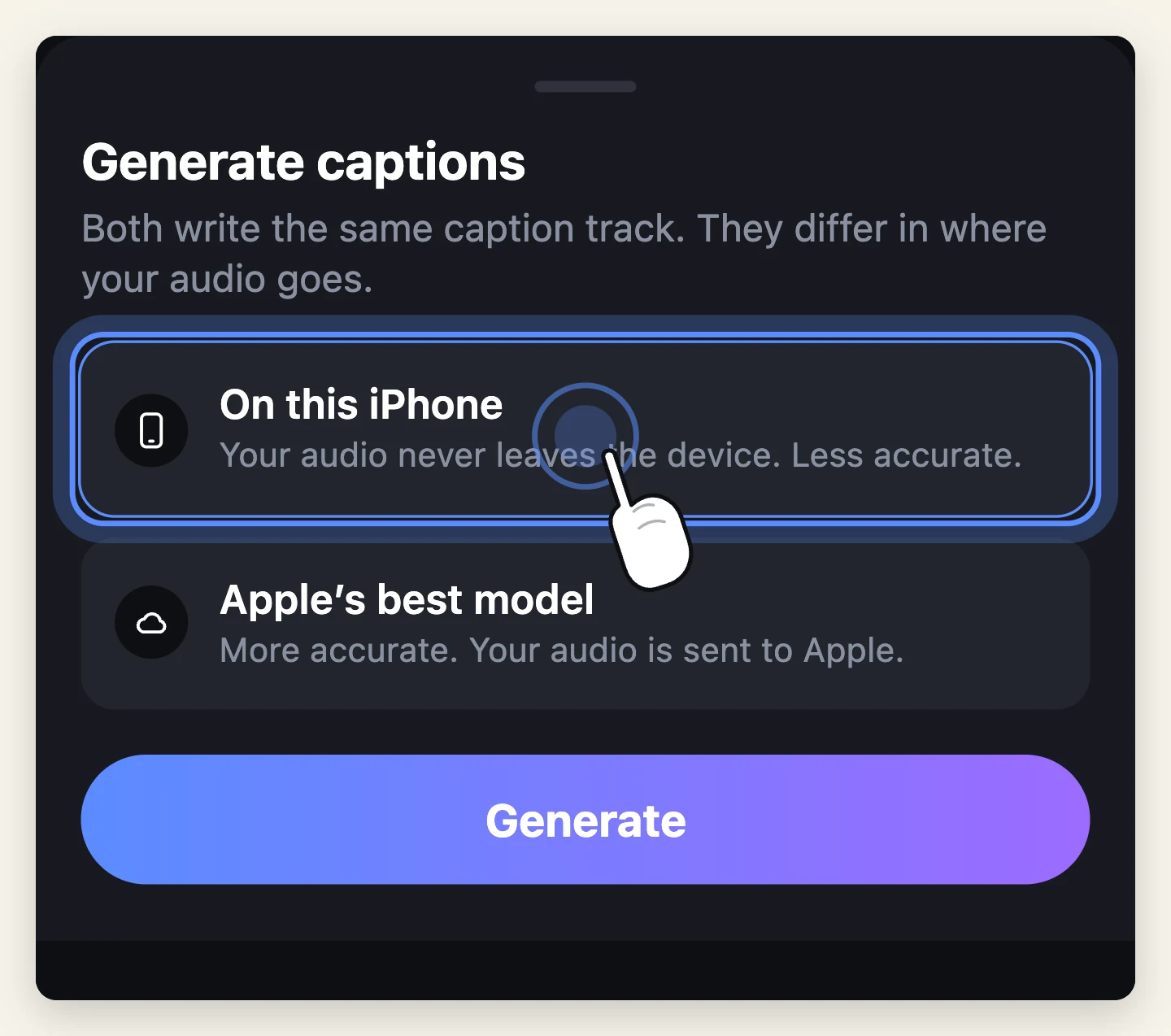 The choice between transcribing on the iPhone, where the audio never leaves the device, and Apple's more accurate server model.