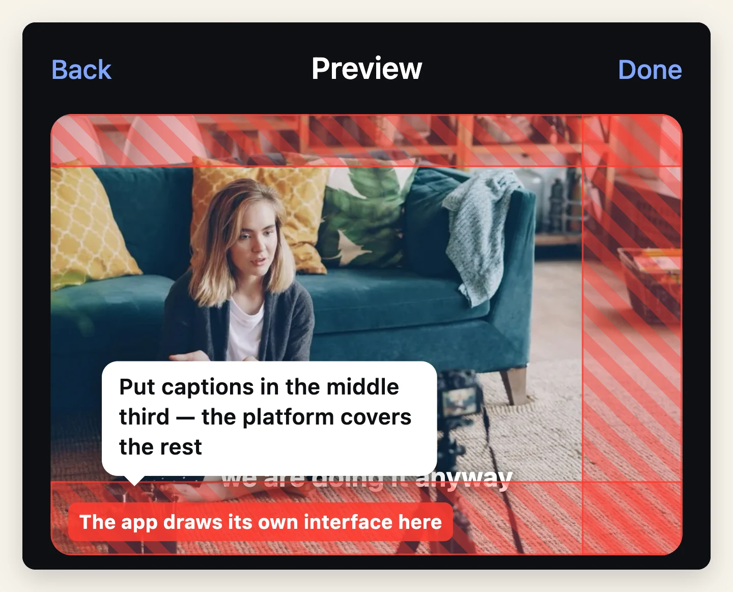 A preview of a talking-head clip with the areas TikTok, Reels and Shorts cover shaded in red along the top, the bottom and the right edge, and the caption placed safely in the middle.