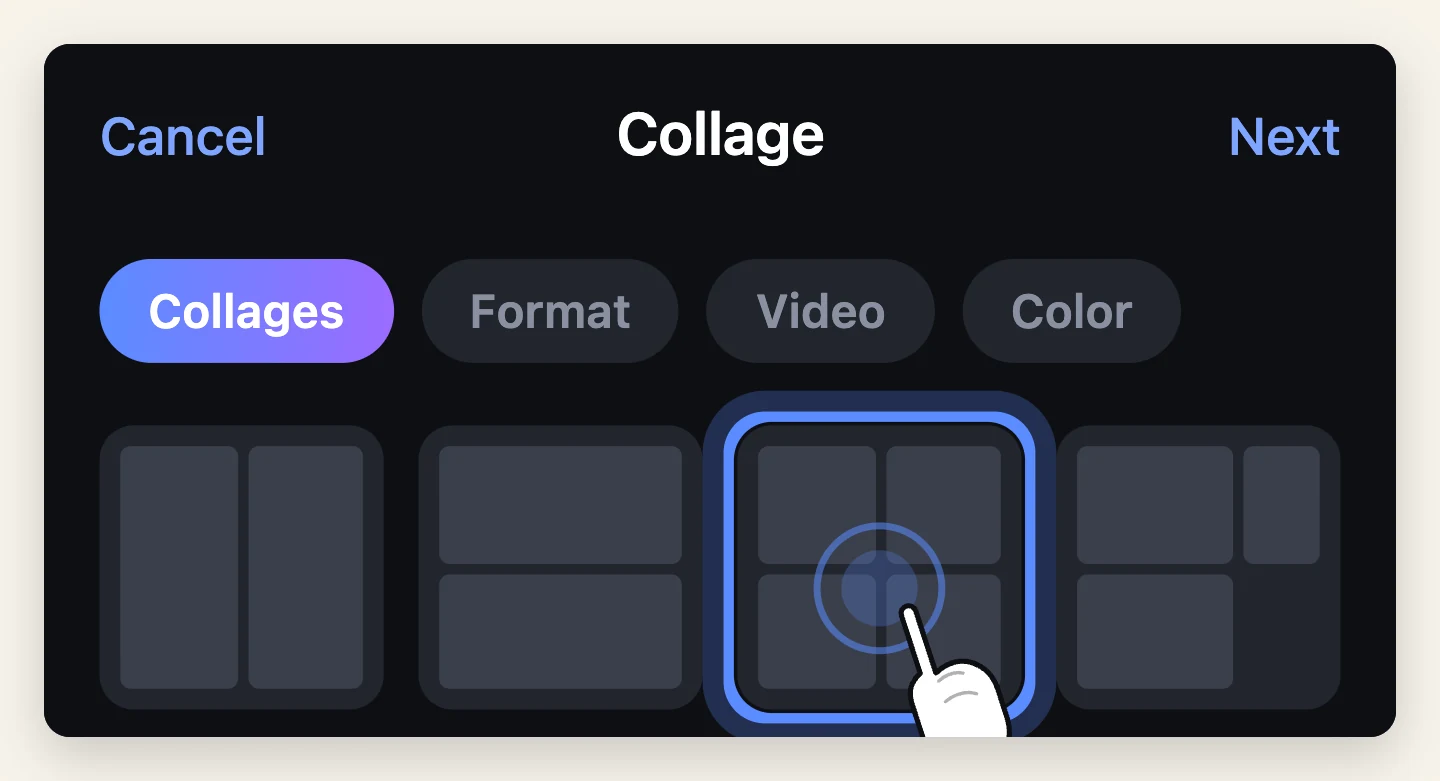 The Collage screen with the Collages tab selected. A finger taps the four-cell square layout, which is ringed in blue among the other layouts.
