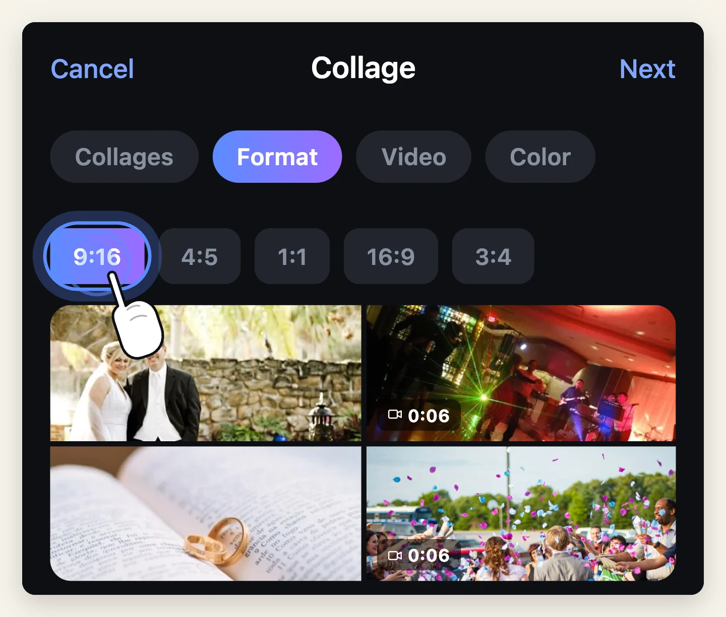 The Format tab of the Collage tool. The 9:16 aspect-ratio chip is selected and ringed, with a four-cell collage previewed beneath it.