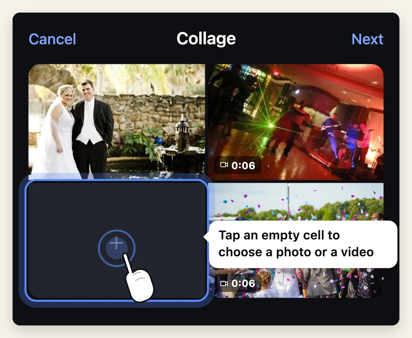 A four-cell wedding collage with one cell still empty and marked with a plus sign. A finger taps that cell to add the missing clip.