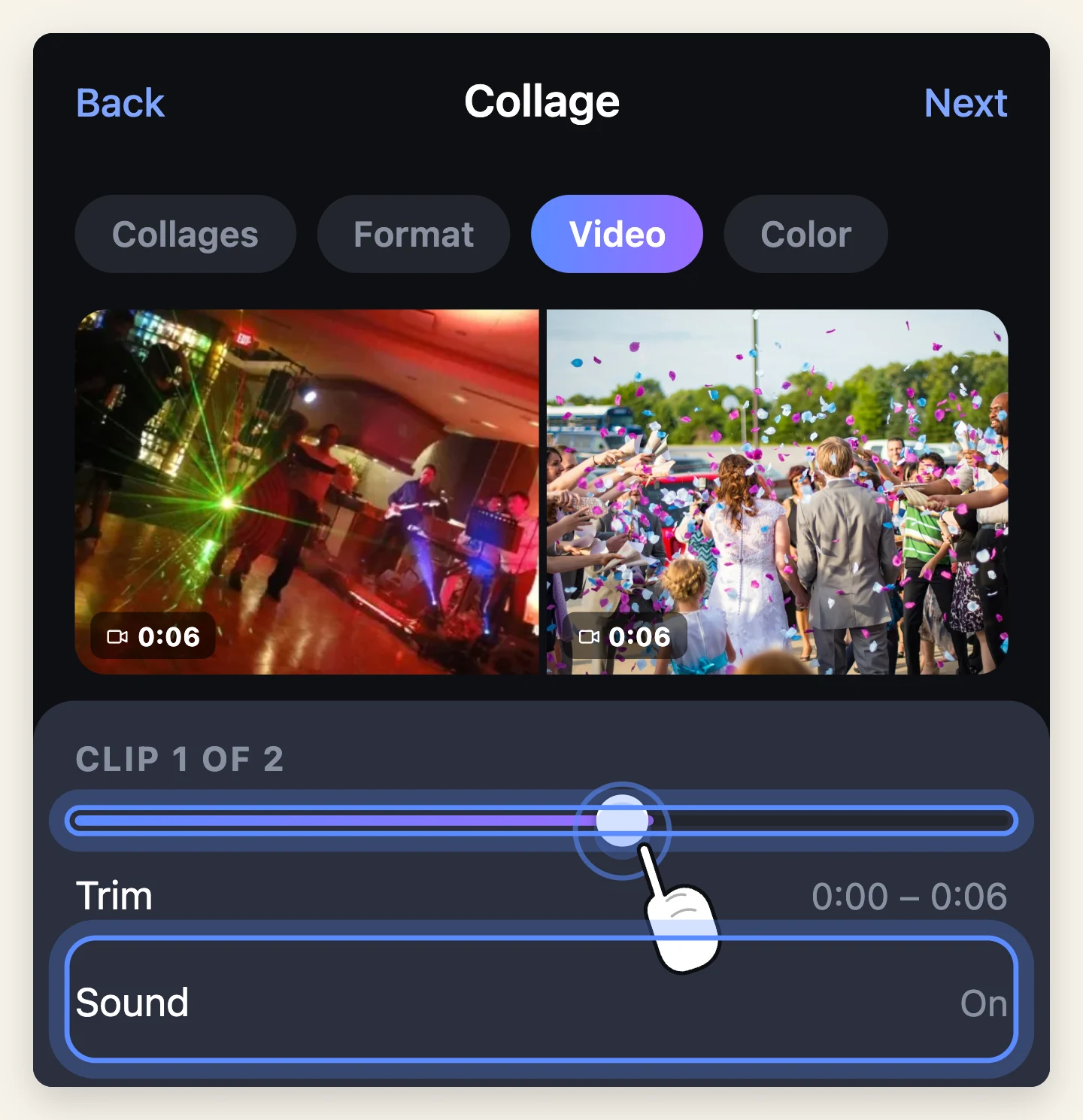 The Video tab showing a trim slider for the selected clip and a Sound row set to On, both ringed, with a finger on the trim handle.