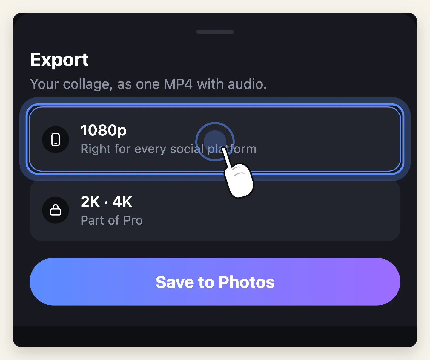 The export sheet for a collage, with 1080p selected and ringed, 2K and 4K shown as part of Pro, and a Save to Photos button underneath.