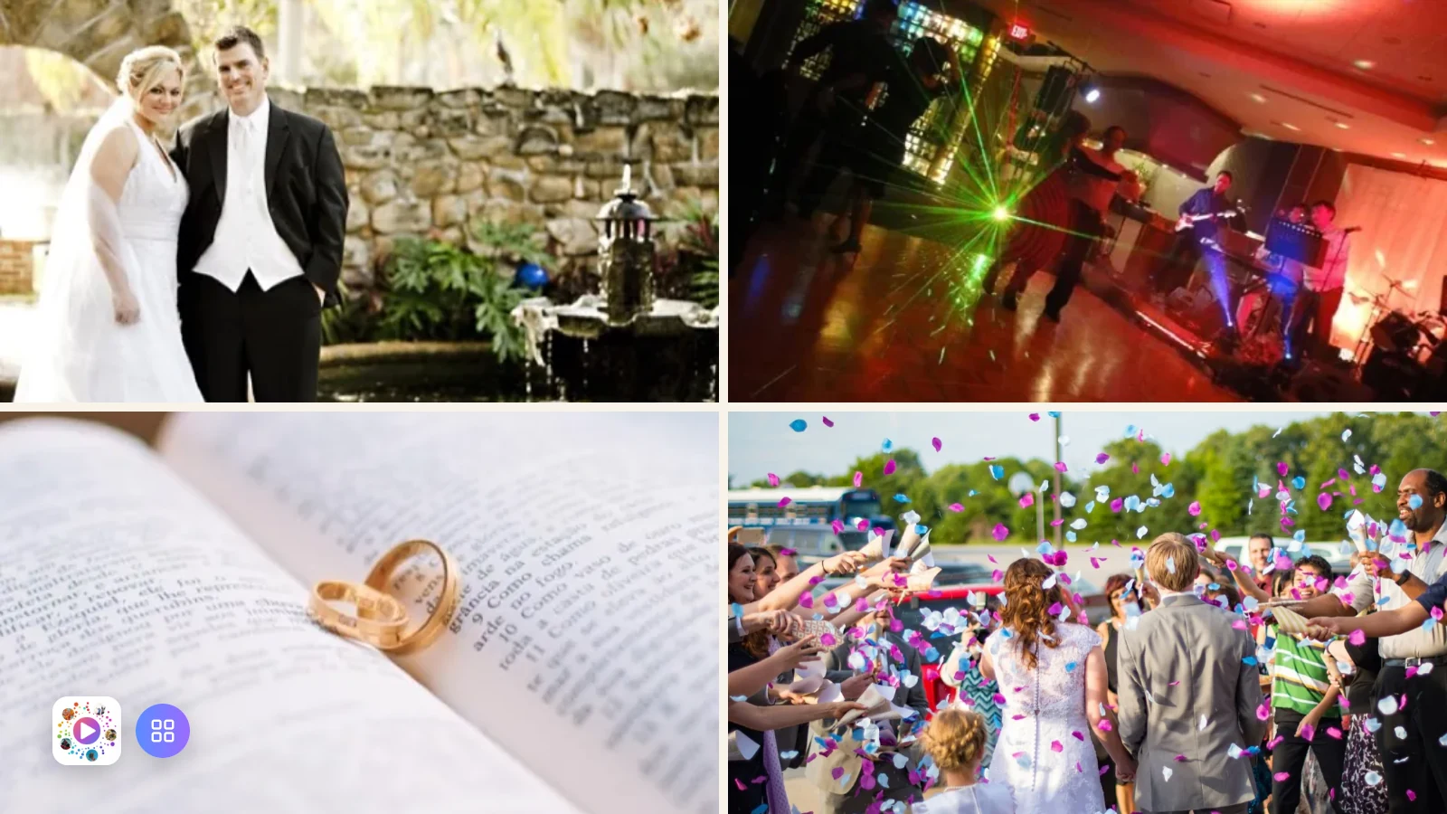 Four angles of one wedding in a single frame: the couple, the dance floor, the rings and the confetti, two of them marked as video.