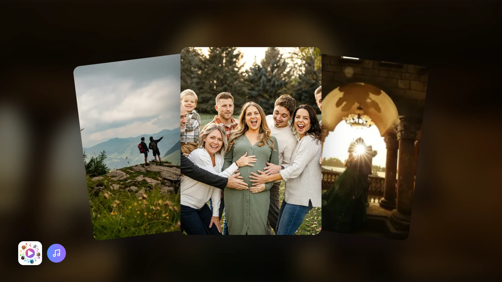 Three photographs overlapping like a stack of prints, with the Moments icon and a music symbol beside them.