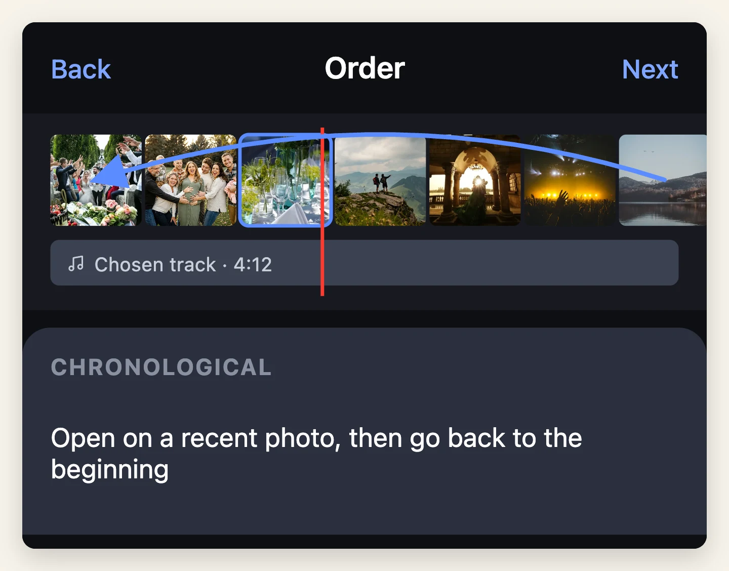 A timeline of photographs in chronological order with a music track beneath, and an arrow showing a recent photo moved to the front.