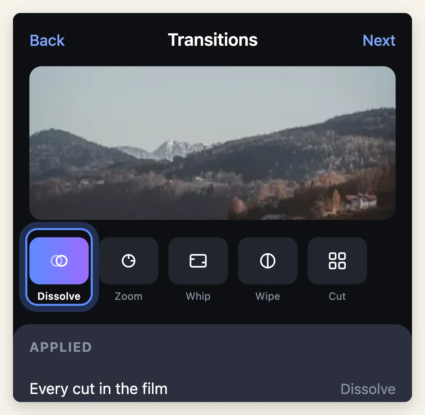 A single dissolve transition selected and applied to every cut in a memorial film, over a still of a lake at dawn.