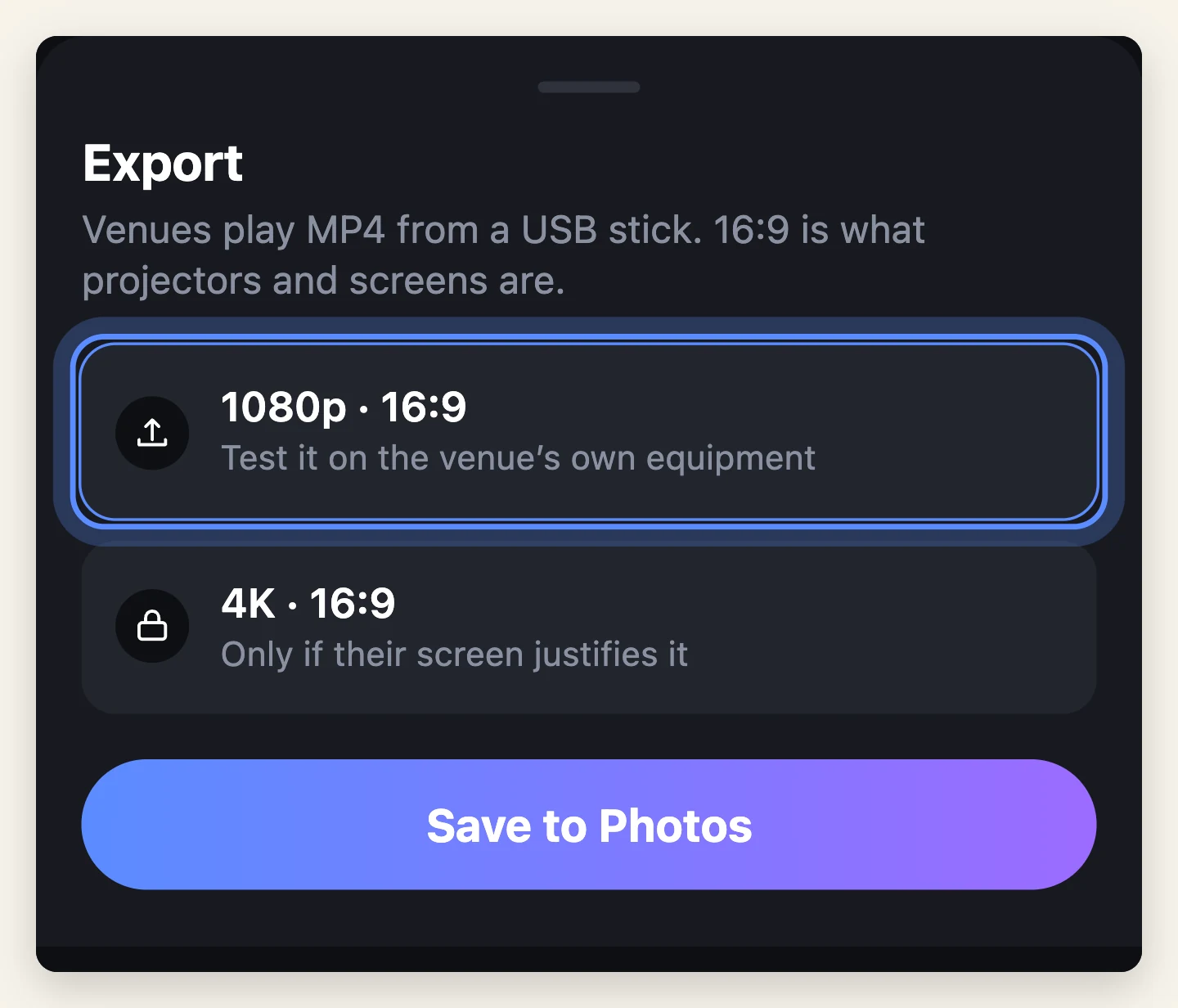 The export sheet set to 1080p at 16:9, the shape a venue projector or screen expects, with a reminder to test it on their equipment.