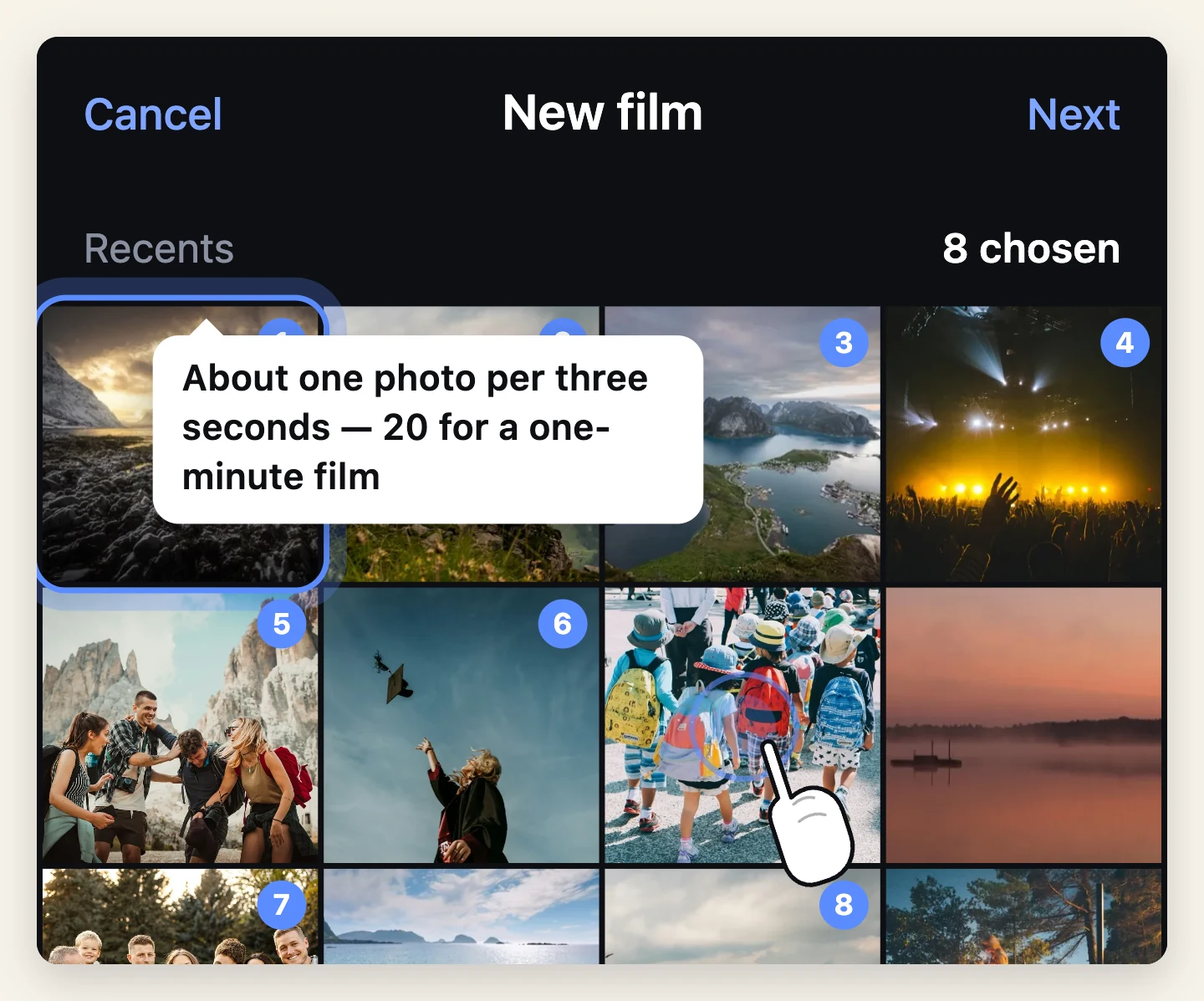The photo picker during one trip, with eight photos chosen and numbered in the order they will appear, and a finger about to add another.