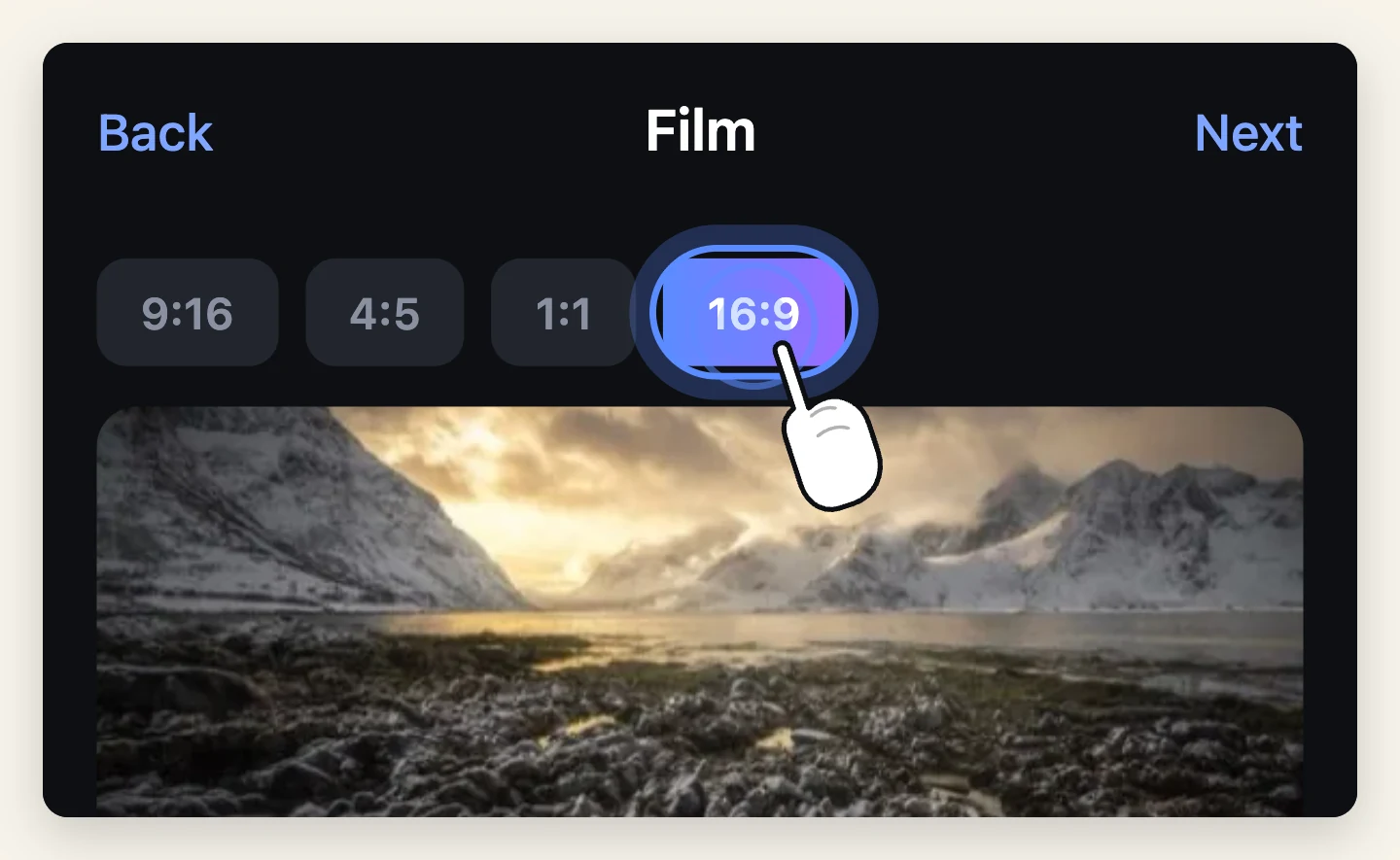 The aspect-ratio chips for a slideshow with 16:9 selected, the right shape for a television or a laptop, previewed underneath.