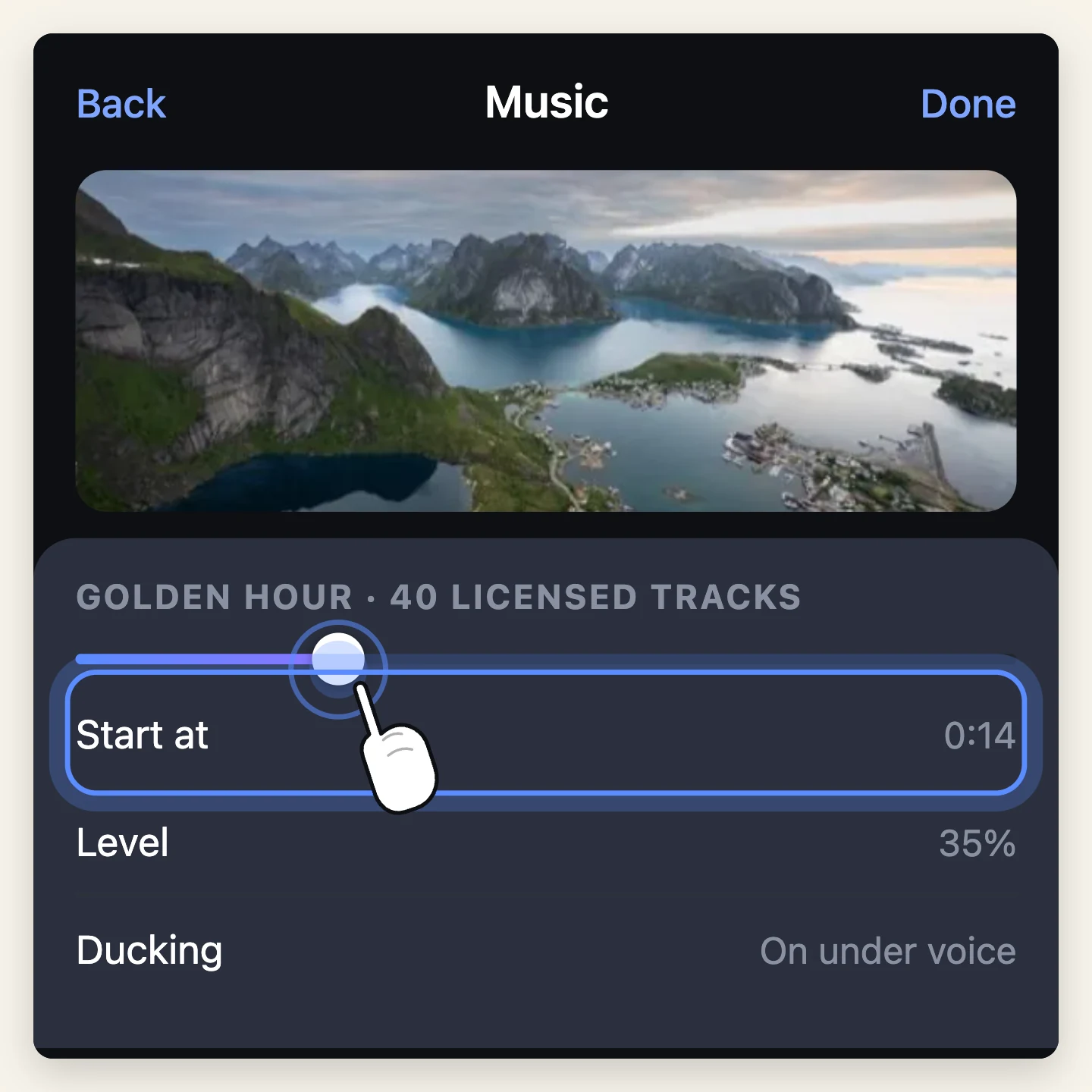The music panel showing a licensed track with a start-time slider being dragged, plus level and automatic ducking rows.