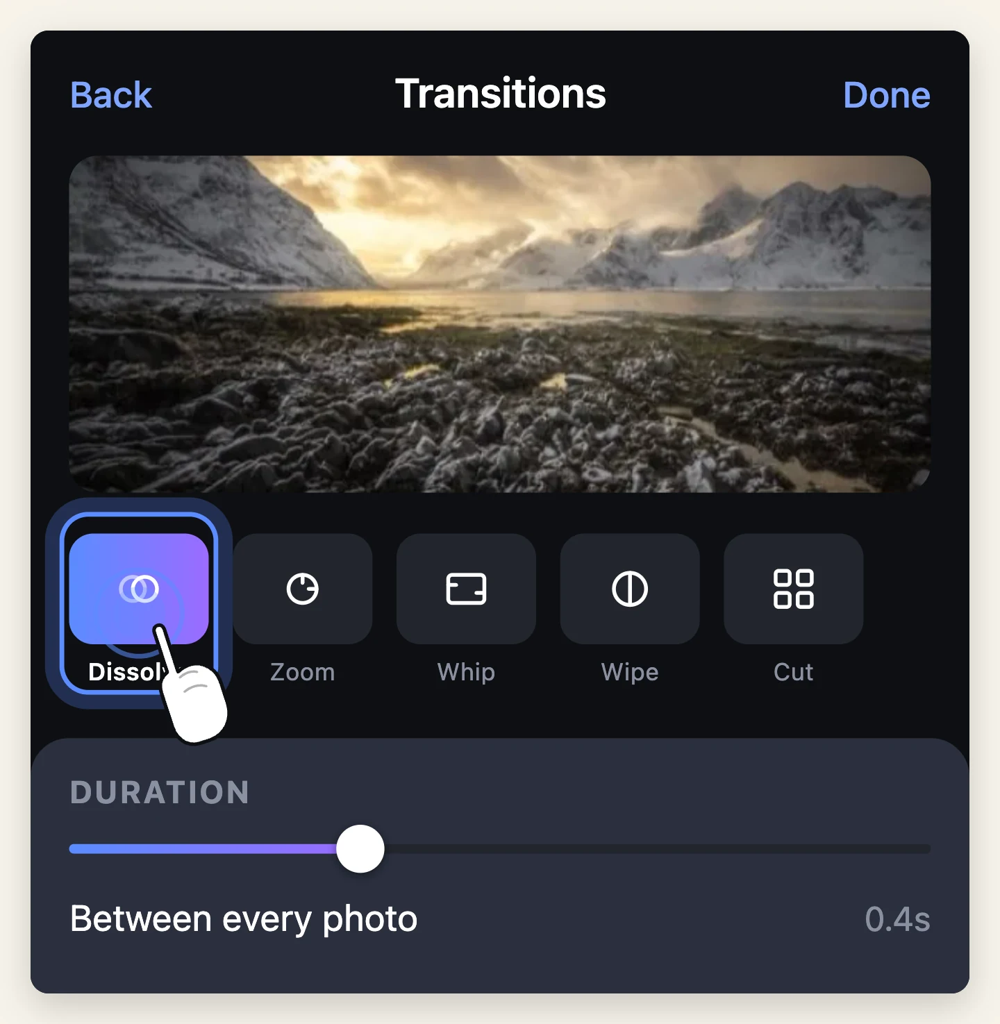 The transition tray with Dissolve selected out of five options, above a duration slider set to 0.4 seconds.