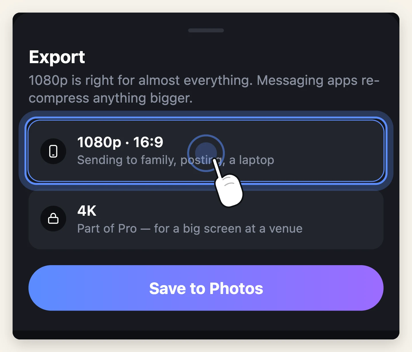 The export sheet for a slideshow with 1080p at 16:9 selected and 4K shown as part of Pro.