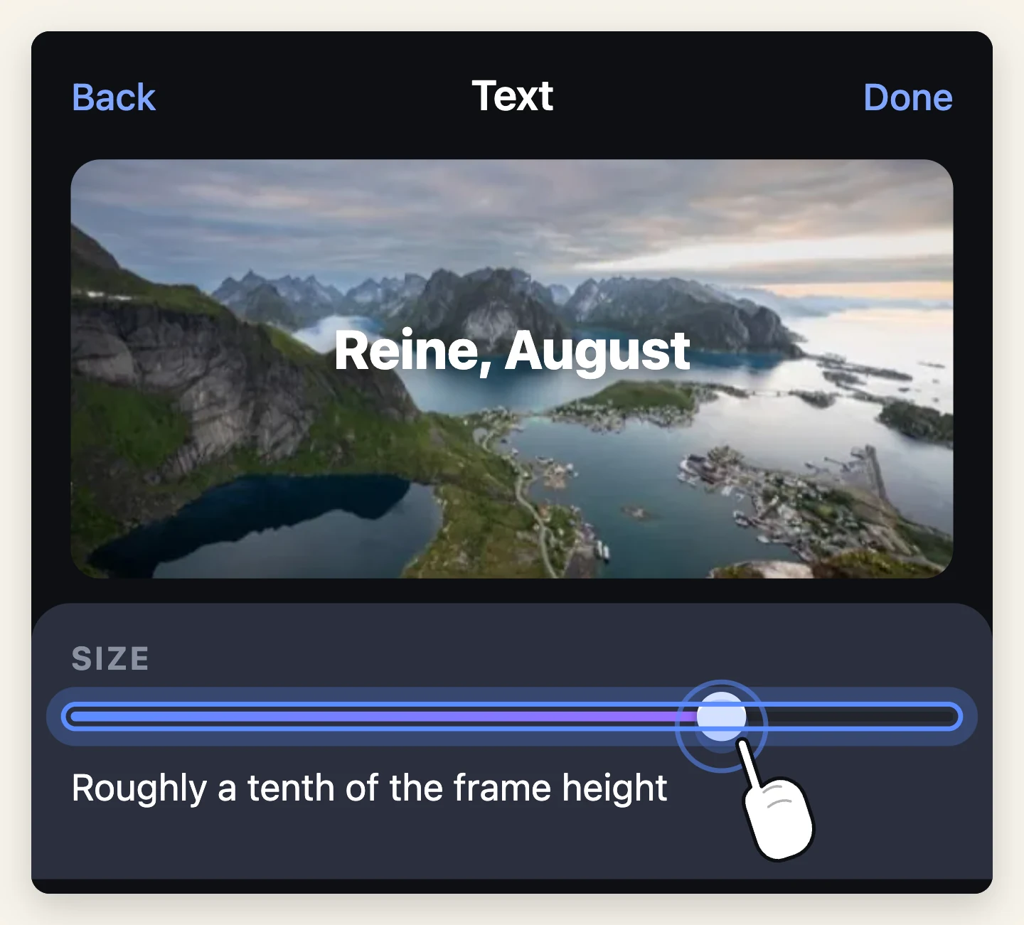 A size slider pushed high so the on-screen title reads at a glance, with the result previewed above.