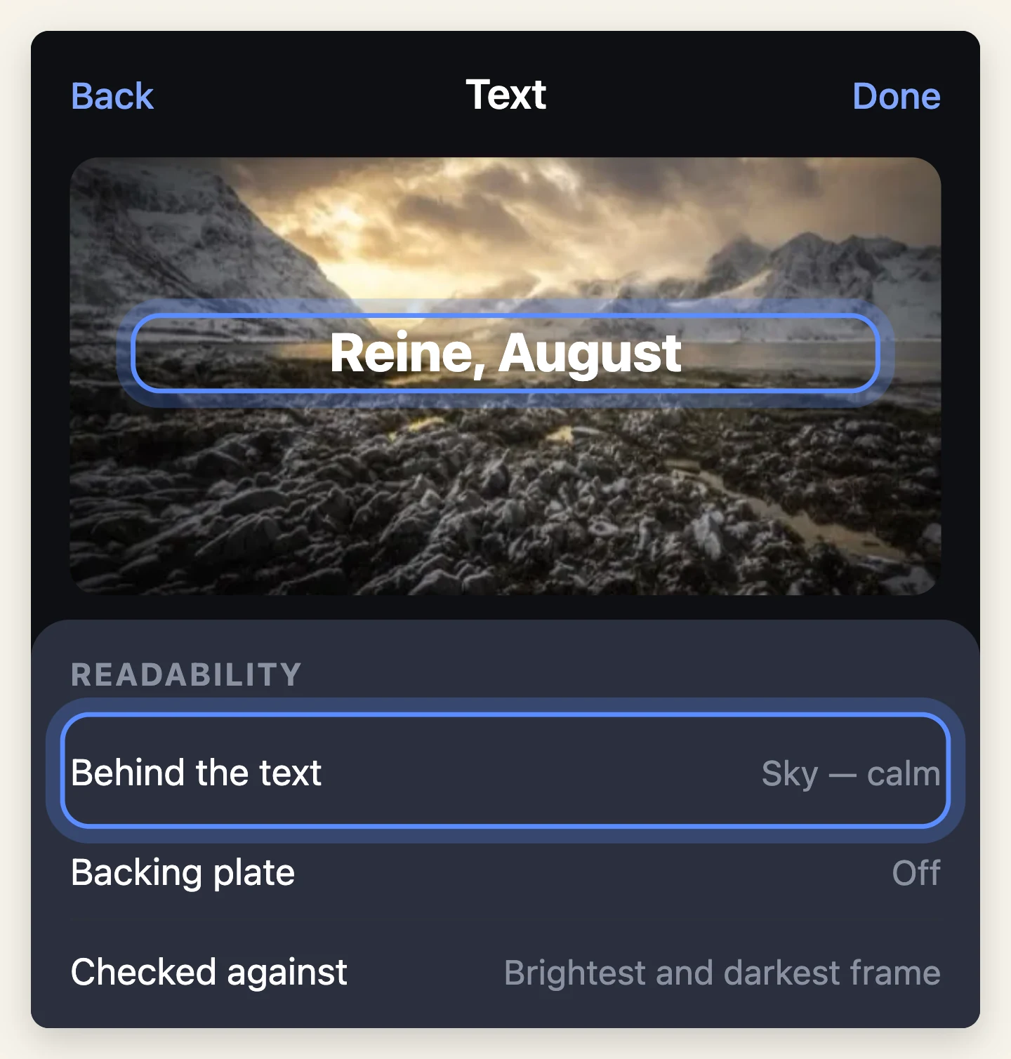 A title placed over a calm area of sky rather than over busy footage, with a panel showing the backing plate left off because it is not needed.