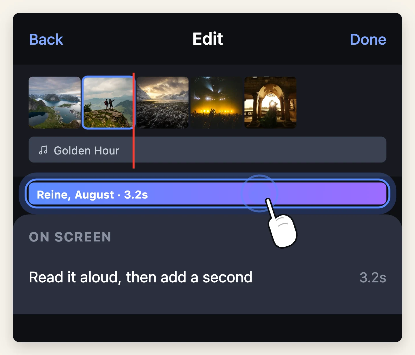 A text block shown as a bar on the timeline beneath the clips, with its ends being dragged to set how long the title stays on screen.